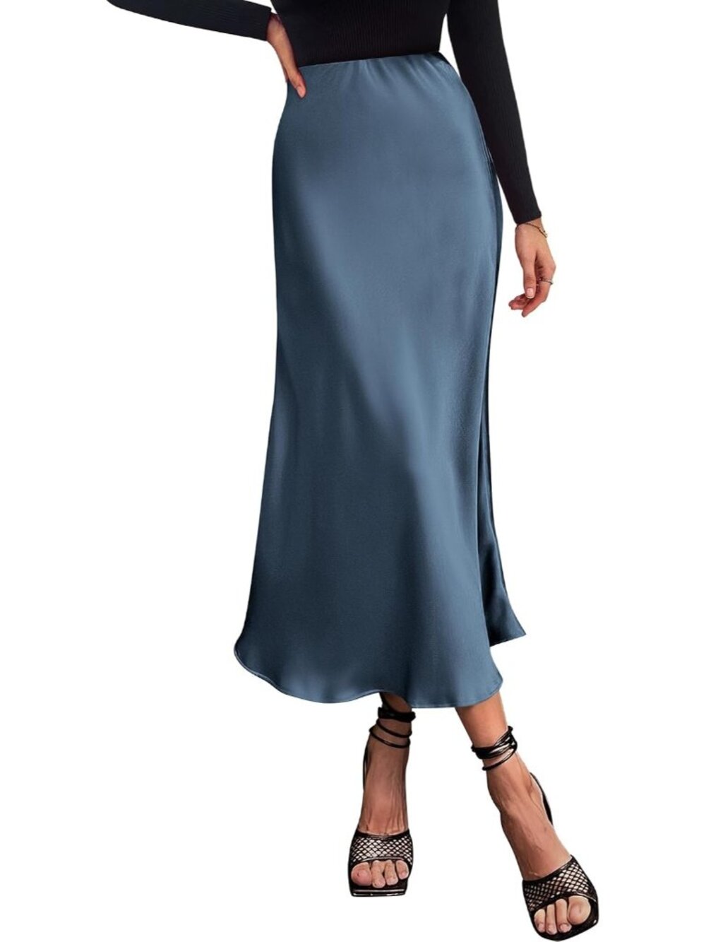Women Grey Blue Polyster Elastane High Waist Satin Lightweight A-Line Long Skirt